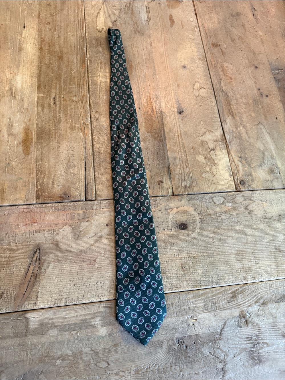 Fendi Dark Green Silk Tie with Pink and Light Blue Medallions